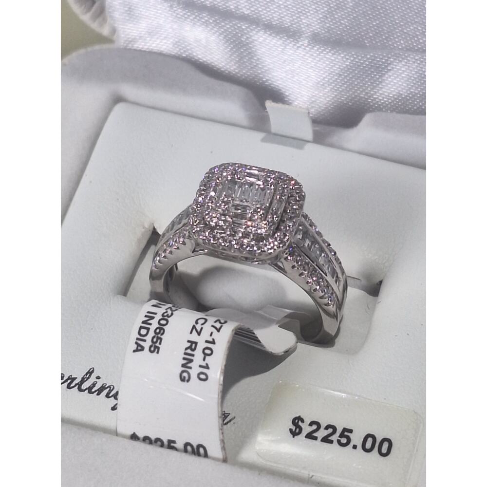 925 Sterling Silver CZ Halo Ring Baguette Cluster Size 7 Bridal Statement NIB